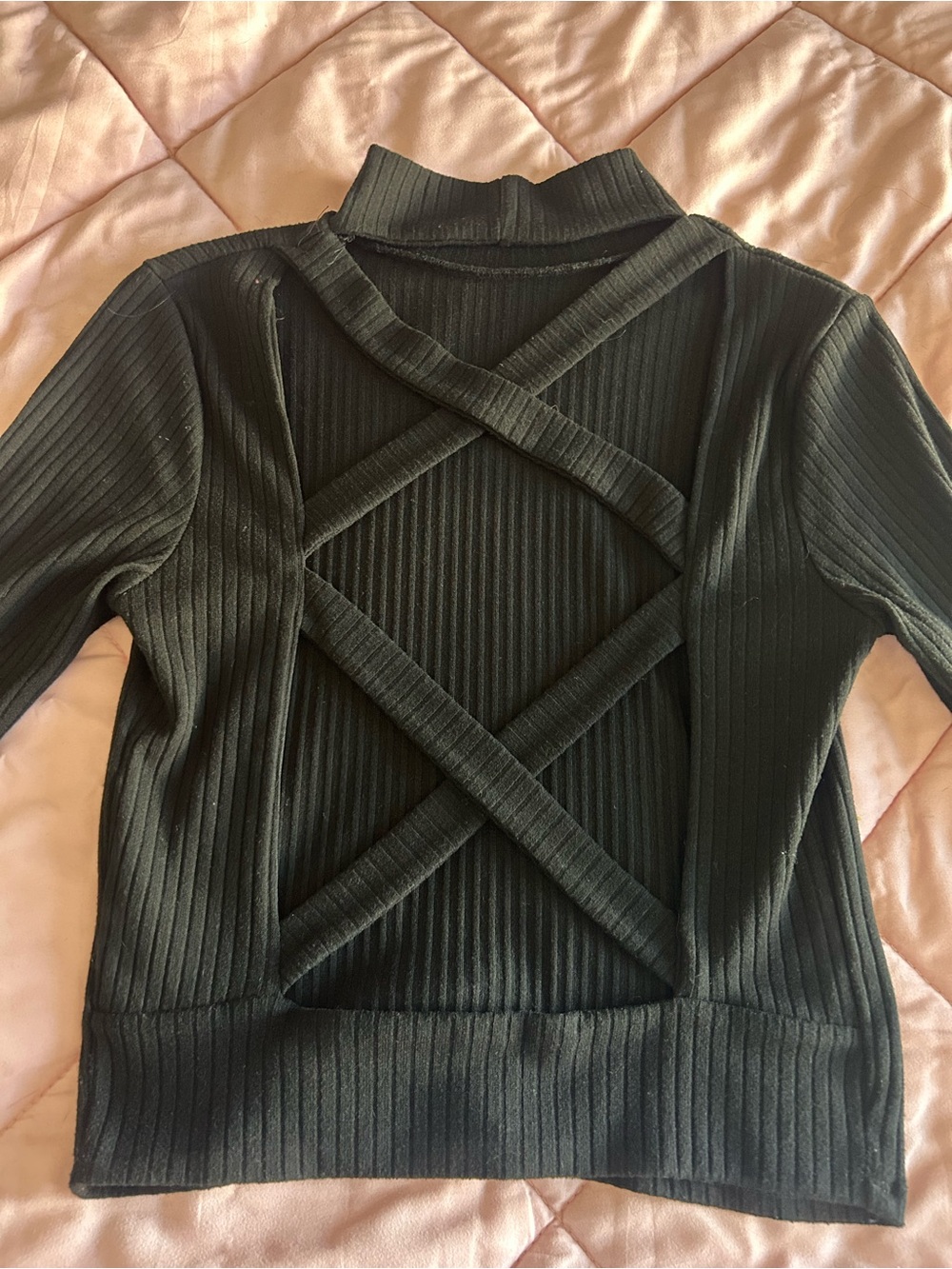 Crisscross Back Ribbed Long-Sleeve Top - Black